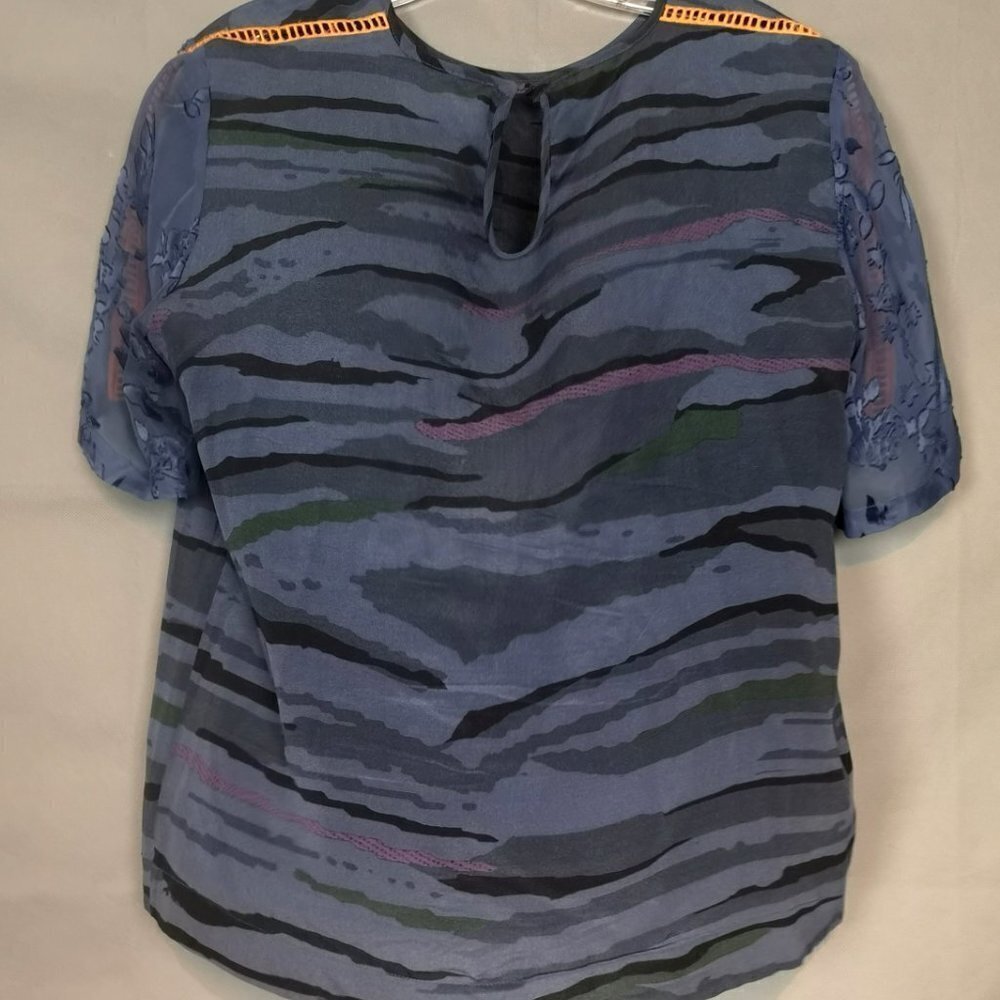 Y2K Vintage Preen Blue Pink Camouflage Print Georgette Silk Patchwork tshirt top - Picture 3 of 11